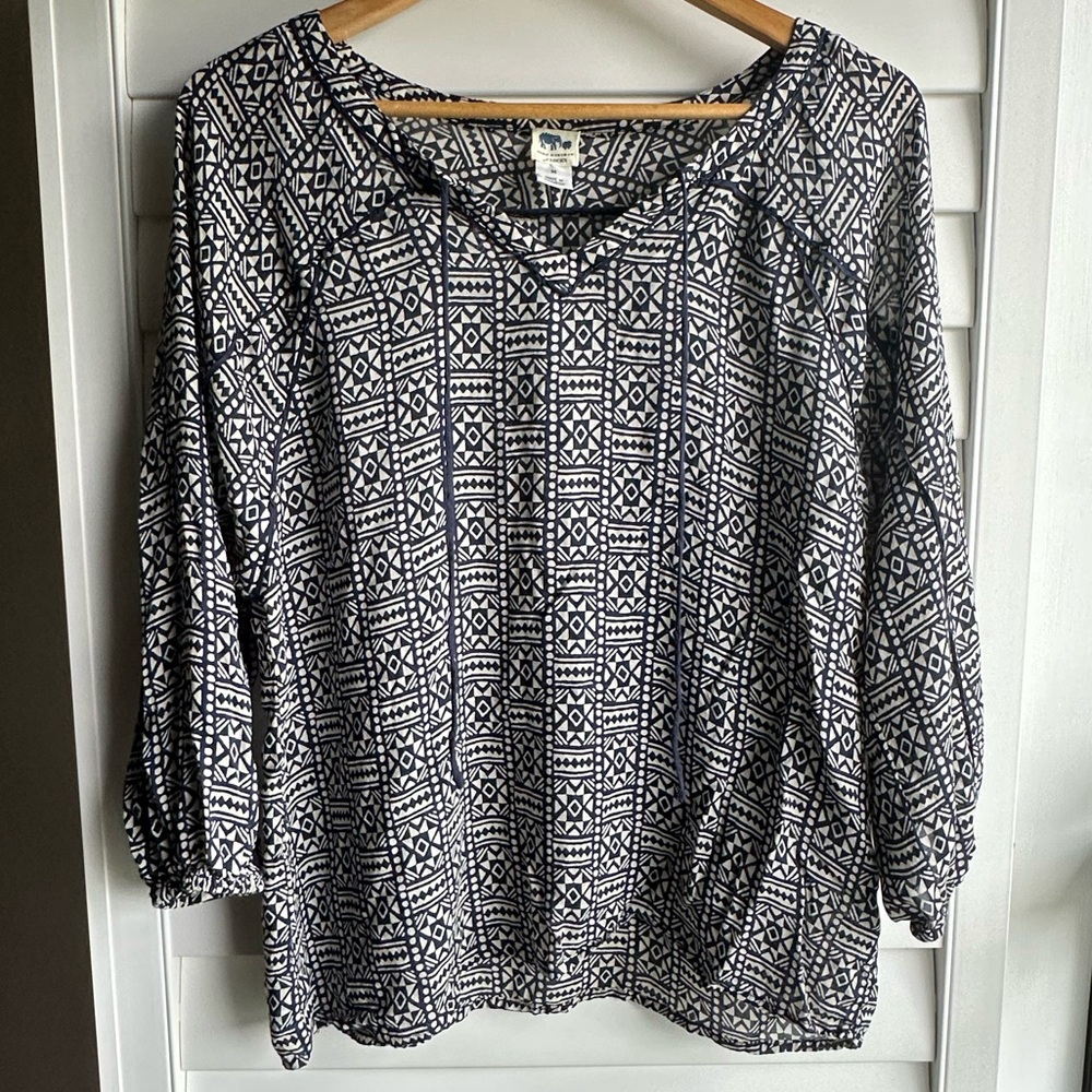 John Robshaw Navy and White Patterned Blouse